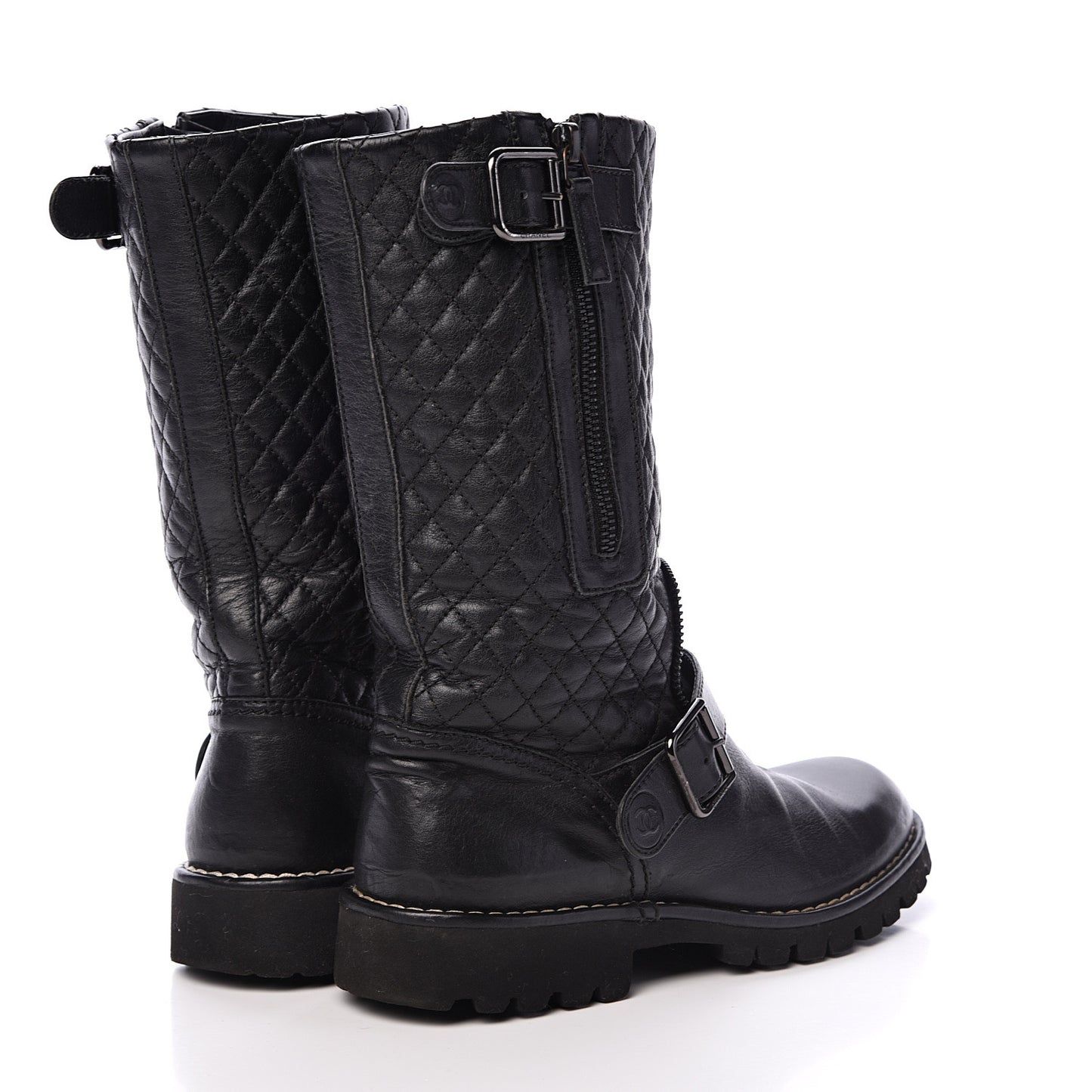 Calfskin Quilted Biker Boots 36.5 Black