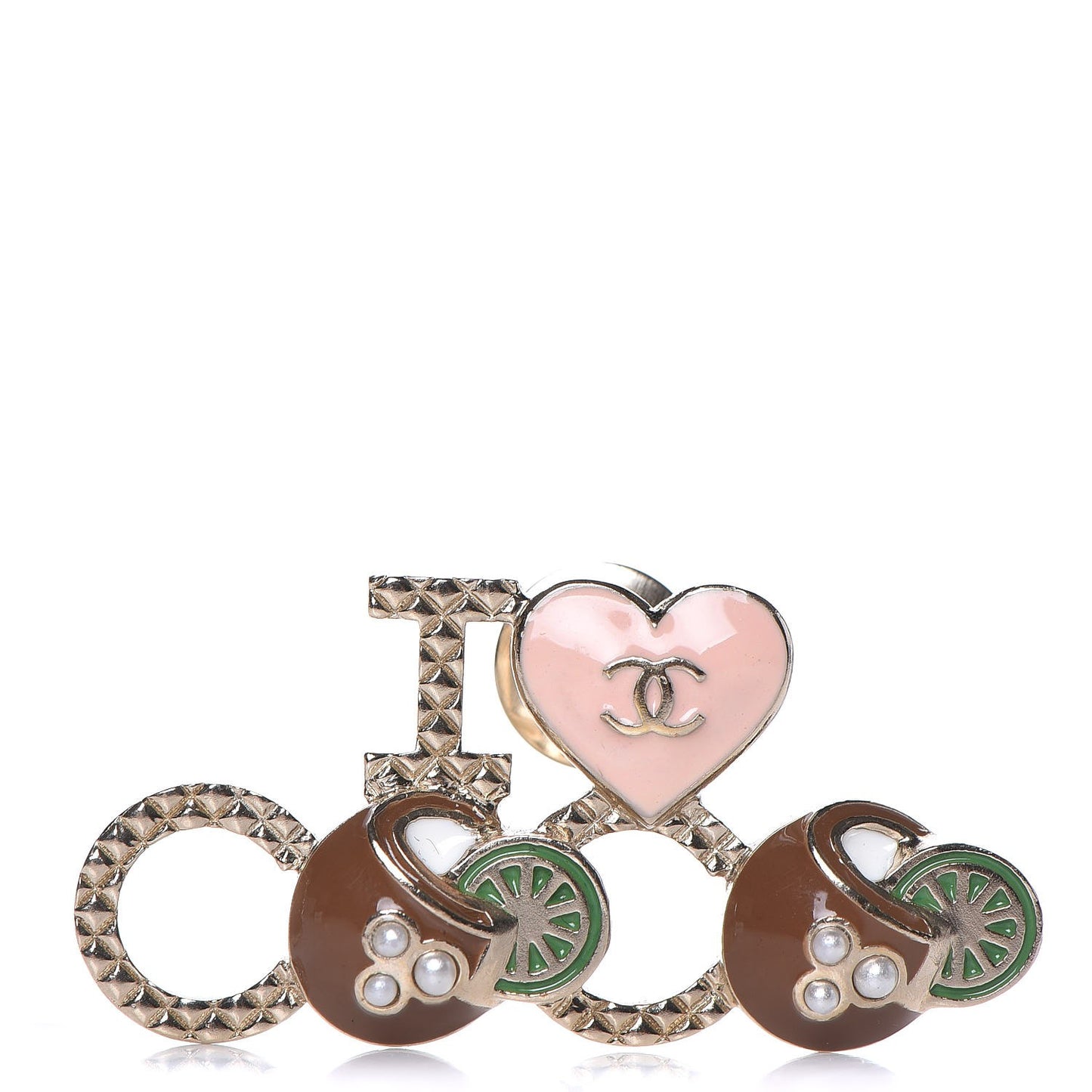 Metal Resin Pearl I Love Coco Brooch Gold Brown Pink