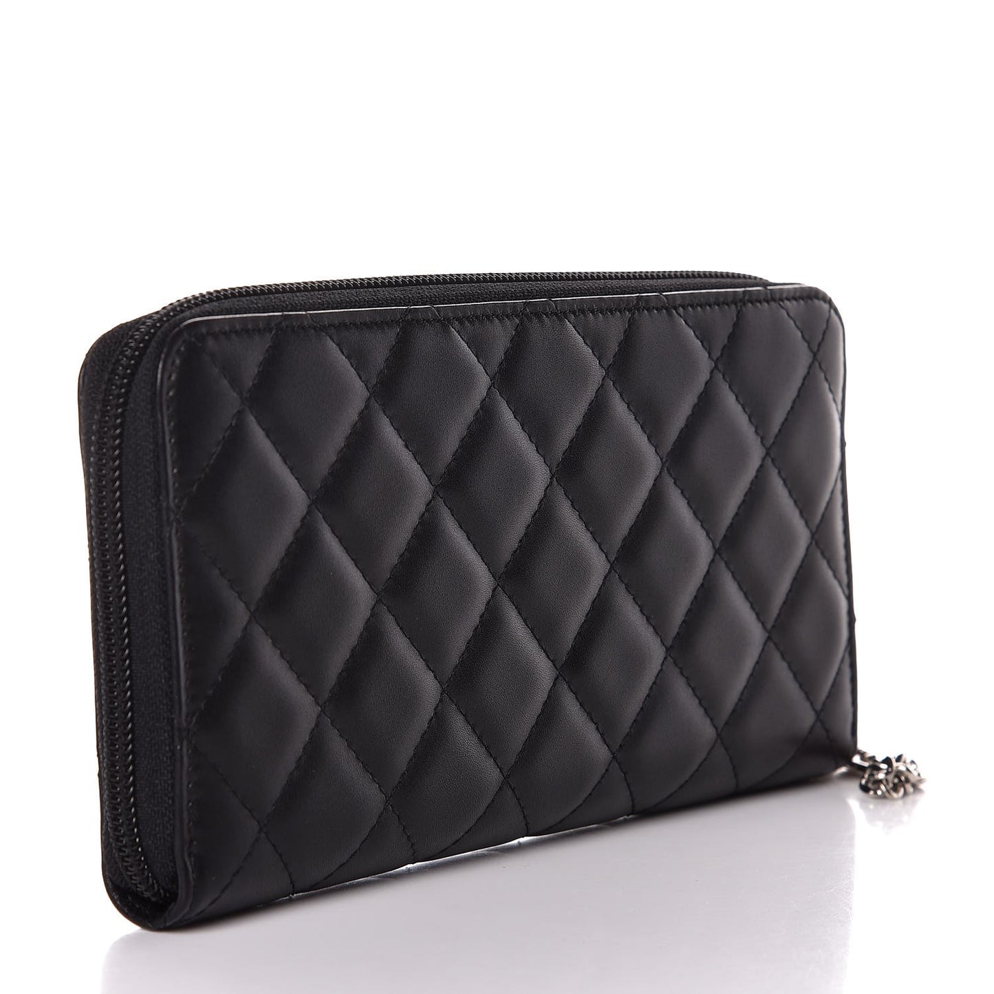 Calfskin Quilted Cambon Large Gusset Zip Around Wallet Black Silver