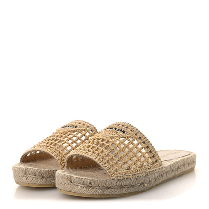 Prada Raffia Triangle Logo Crochet 20mm Espadrille Sandals 37 Natural Black 4 of 11