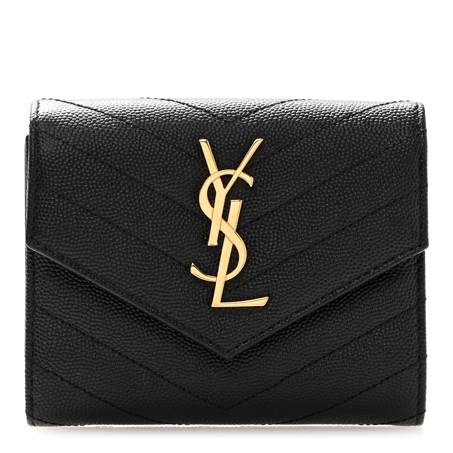 Saint Laurent Grain De Poudre Matelasse Chevron Monogram Compact Tri Fold Wallet Black 1 of 8