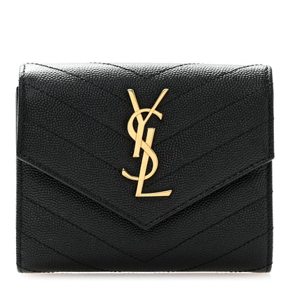 Saint Laurent Grain De Poudre Matelasse Chevron Monogram Compact Tri Fold Wallet Black 1 of 8