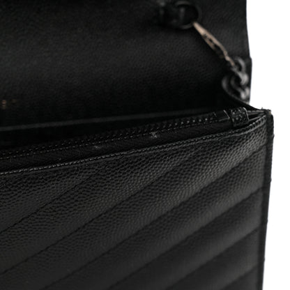 Saint Laurent Grain De Poudre Matelasse Chevron Monogram Monochrome Envelope Chain Wallet Black 12 of 13