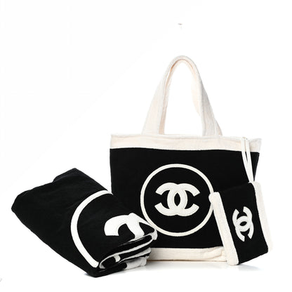 Chanel Terry Cotton CC Beach Tote Towel Set Black White 1 of 11