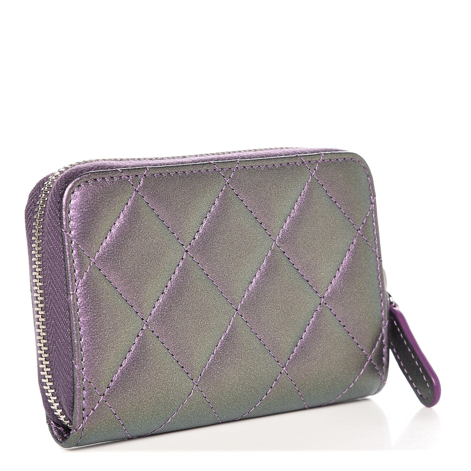 Chanel Metallic Lambskin Quilted Zip Around Coin Purse Wallet Purple 3 of 8