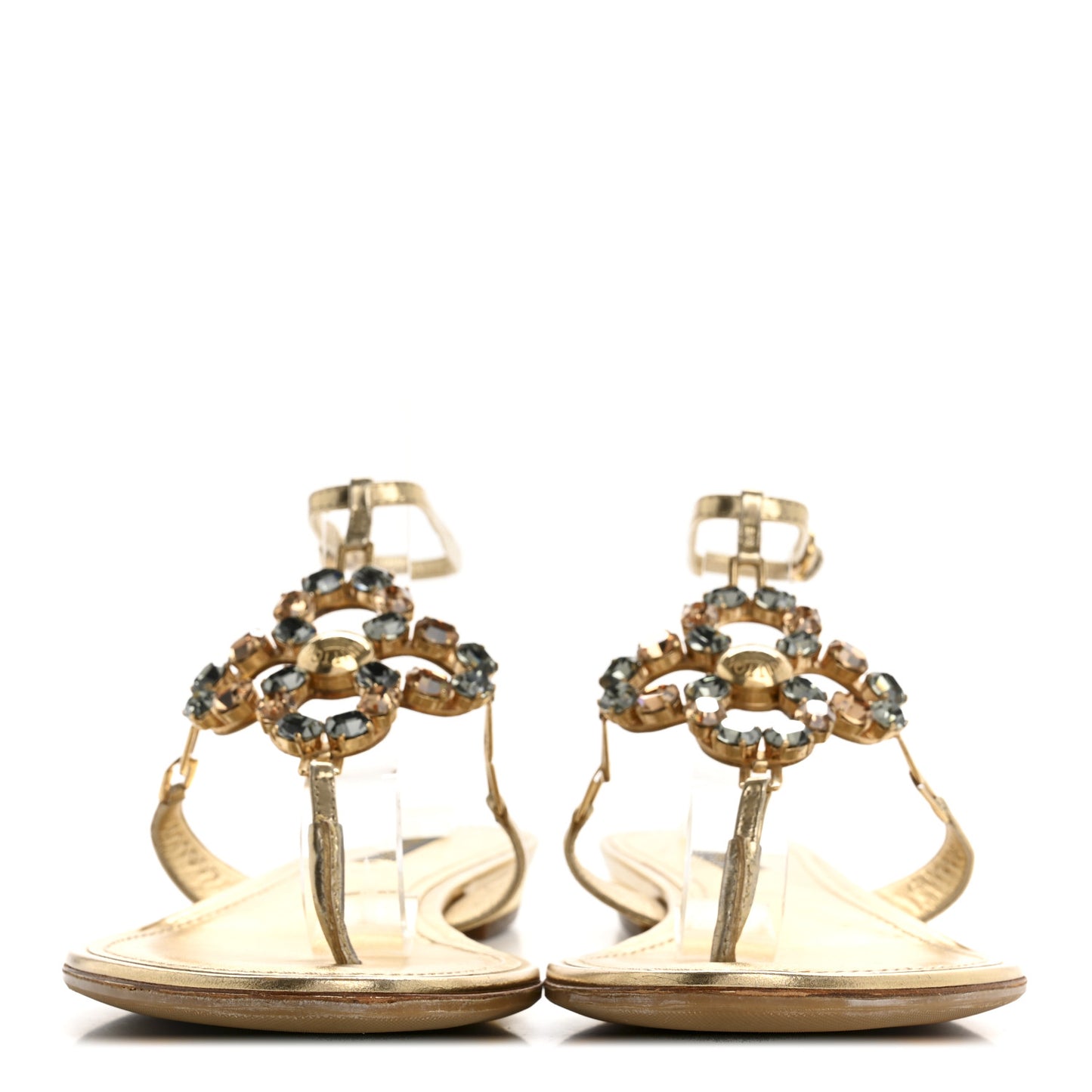 Metallic Calfskin Crystal Flower Thong Flat Sandals 37.5 Gold