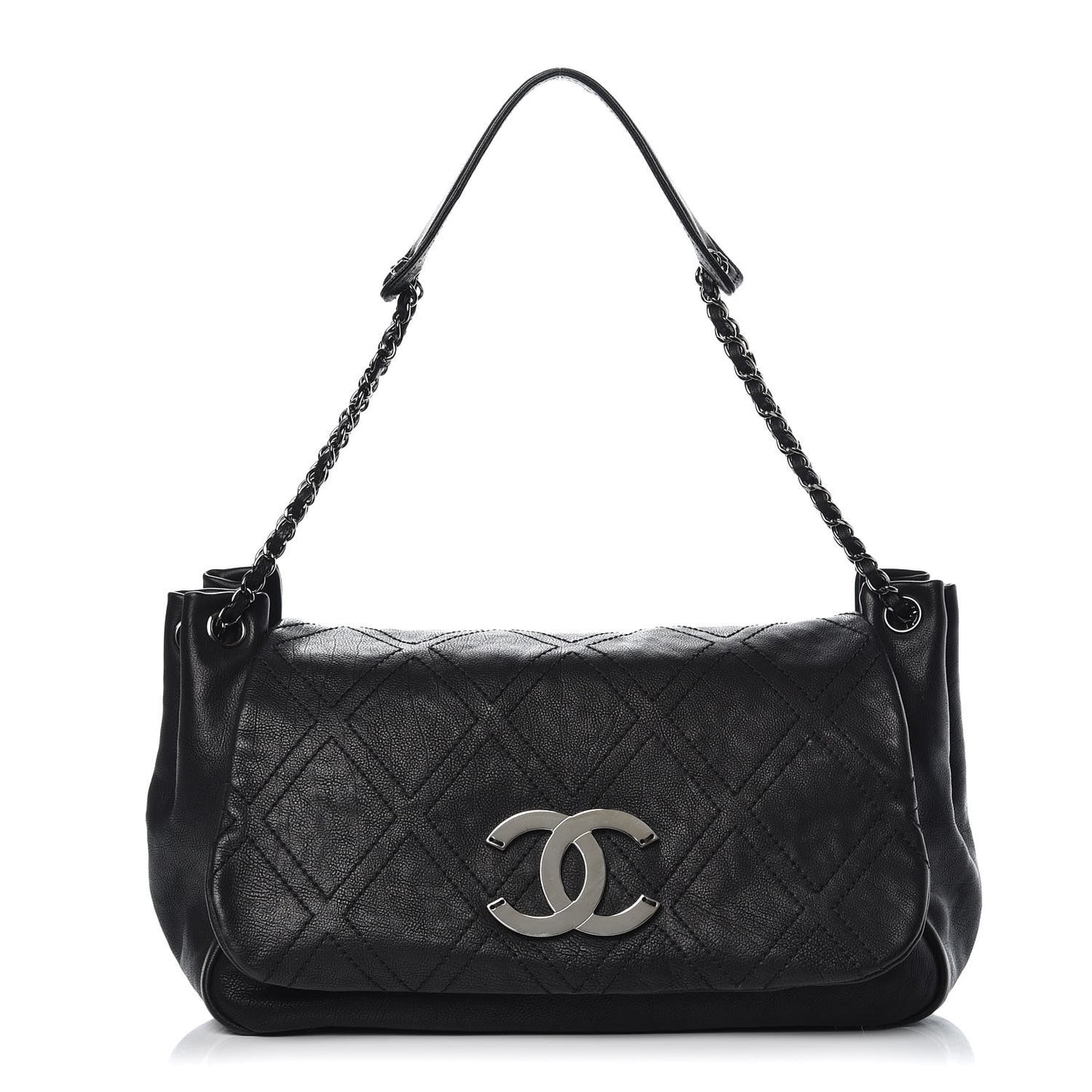 Calfskin Diamond Stitch Accordion Flap Black