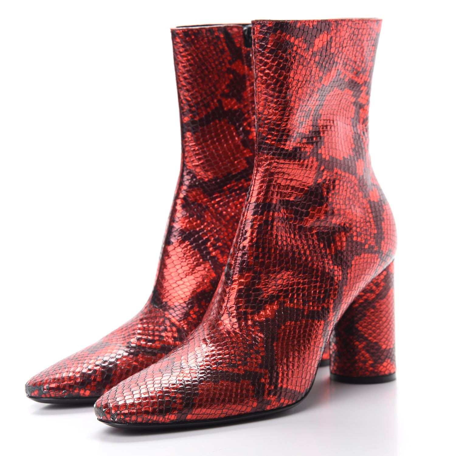 Balenciaga Snakeskin Embossed Calfskin Oval Block Heel Ankle Boots 38 Red 3 of 9