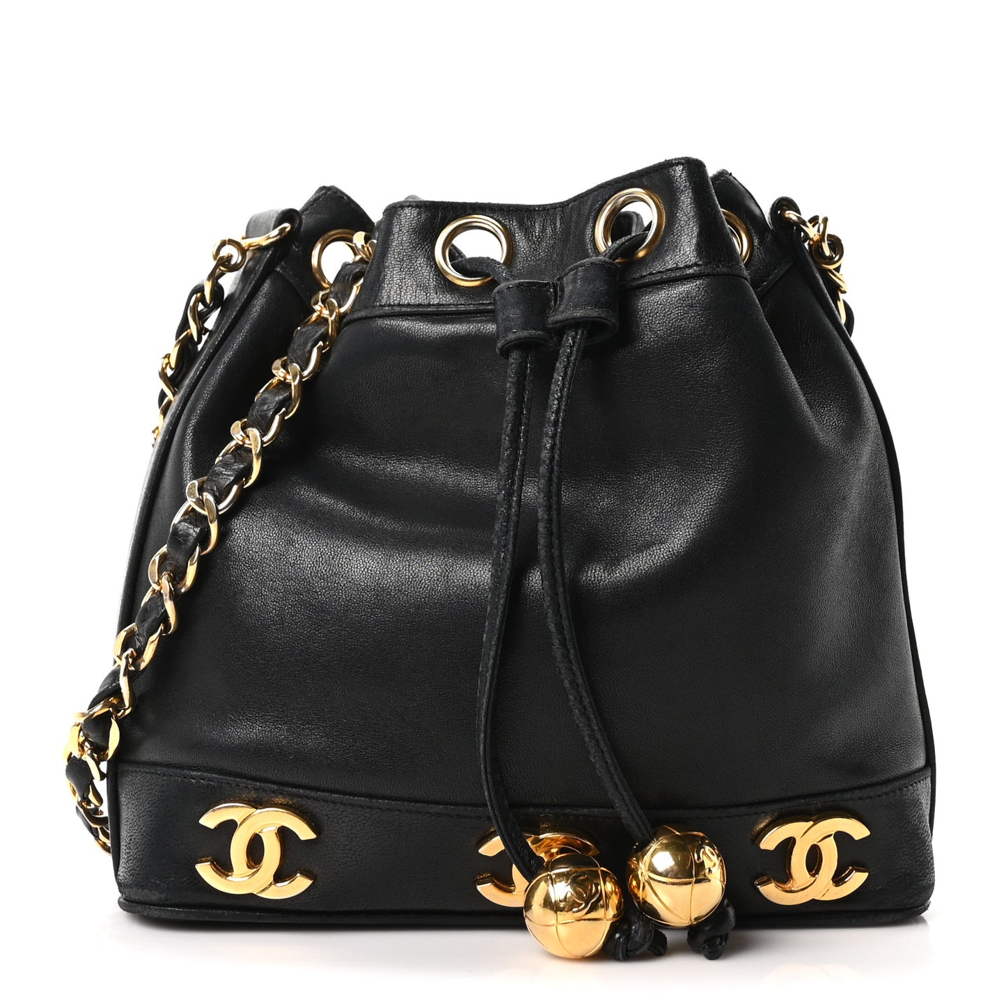 Lambskin CC Drawstring Shoulder Bag Black