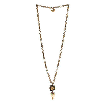 Gucci Metal Crystal Pearl Lion Head Necklace Aged Gold 3 of 4