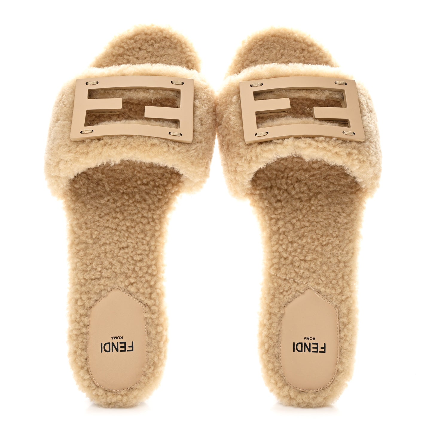 Shearling FF Baguette Slide Sandals 37 Beige Naturale