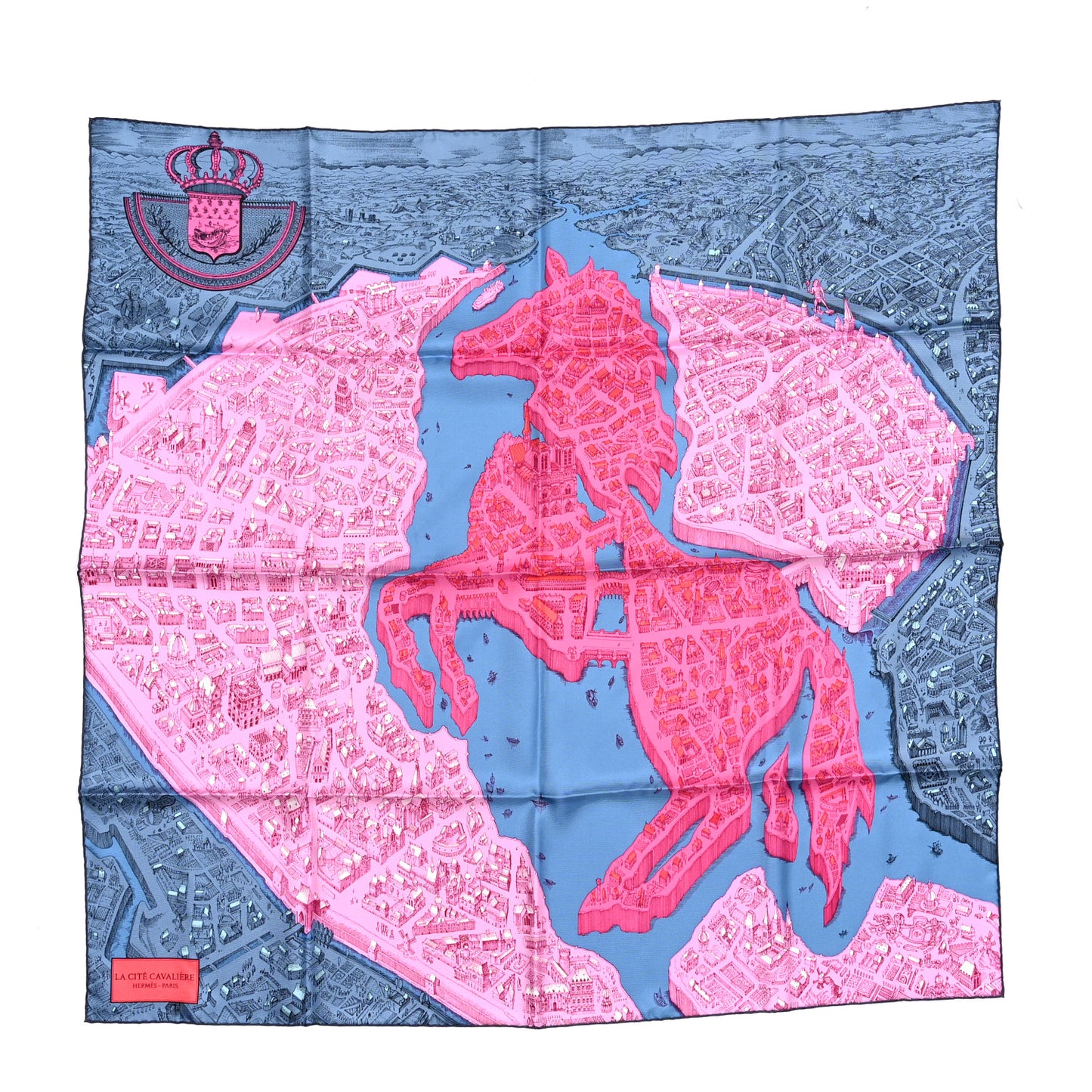 Silk Twill La Cite Cavaliere Scarf 90 Bleu Jean Rose Gris