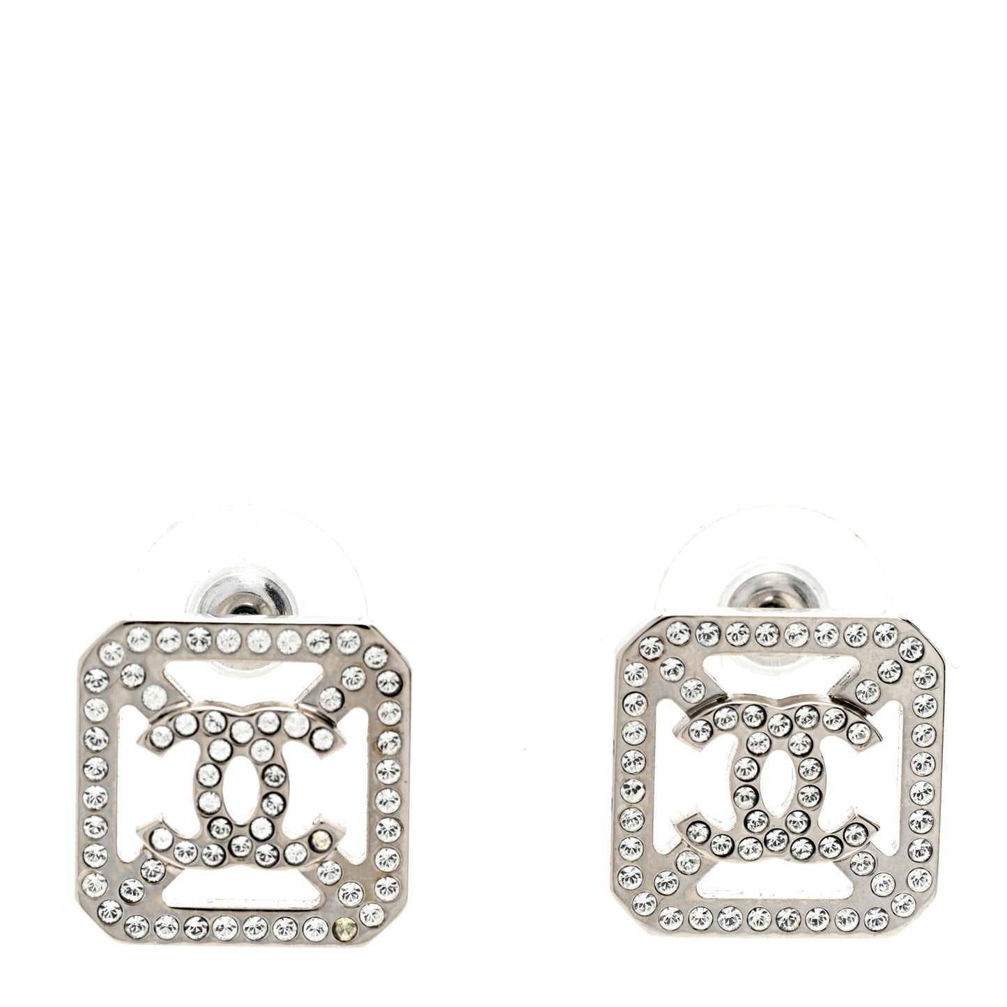 Metal Crystal Square CC Earrings Silver