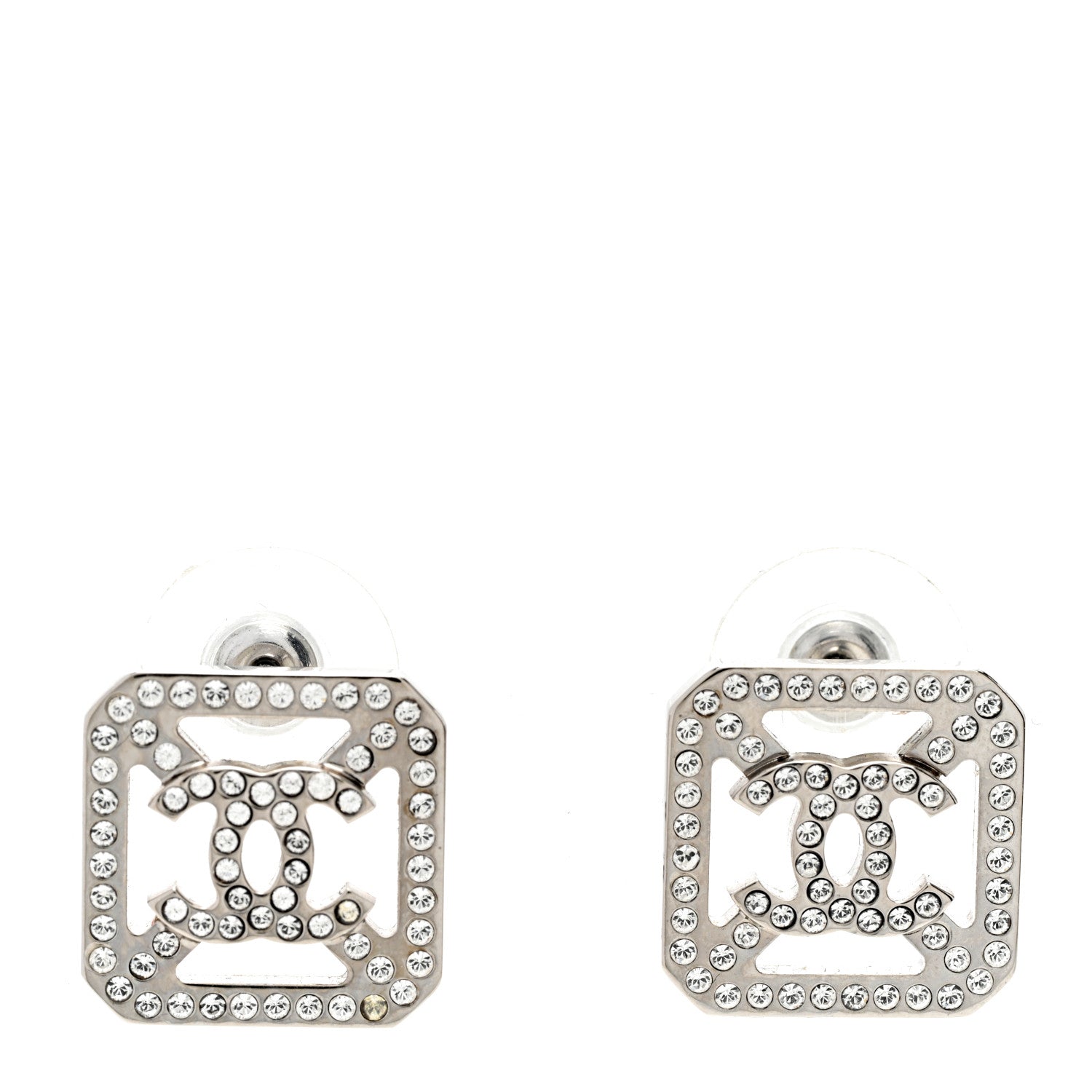 Chanel Metal Crystal Square CC Earrings Silver 1 of 4