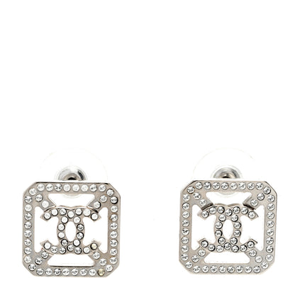 Chanel Metal Crystal Square CC Earrings Silver 1 of 4
