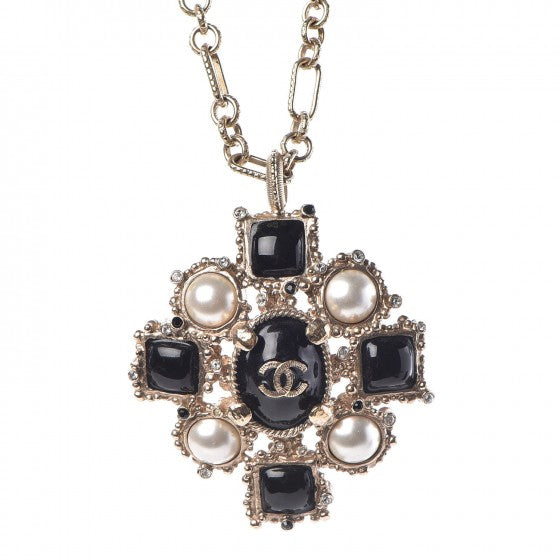 Gripoix Poured Glass Pearl CC Pendant Necklace Black Gold
