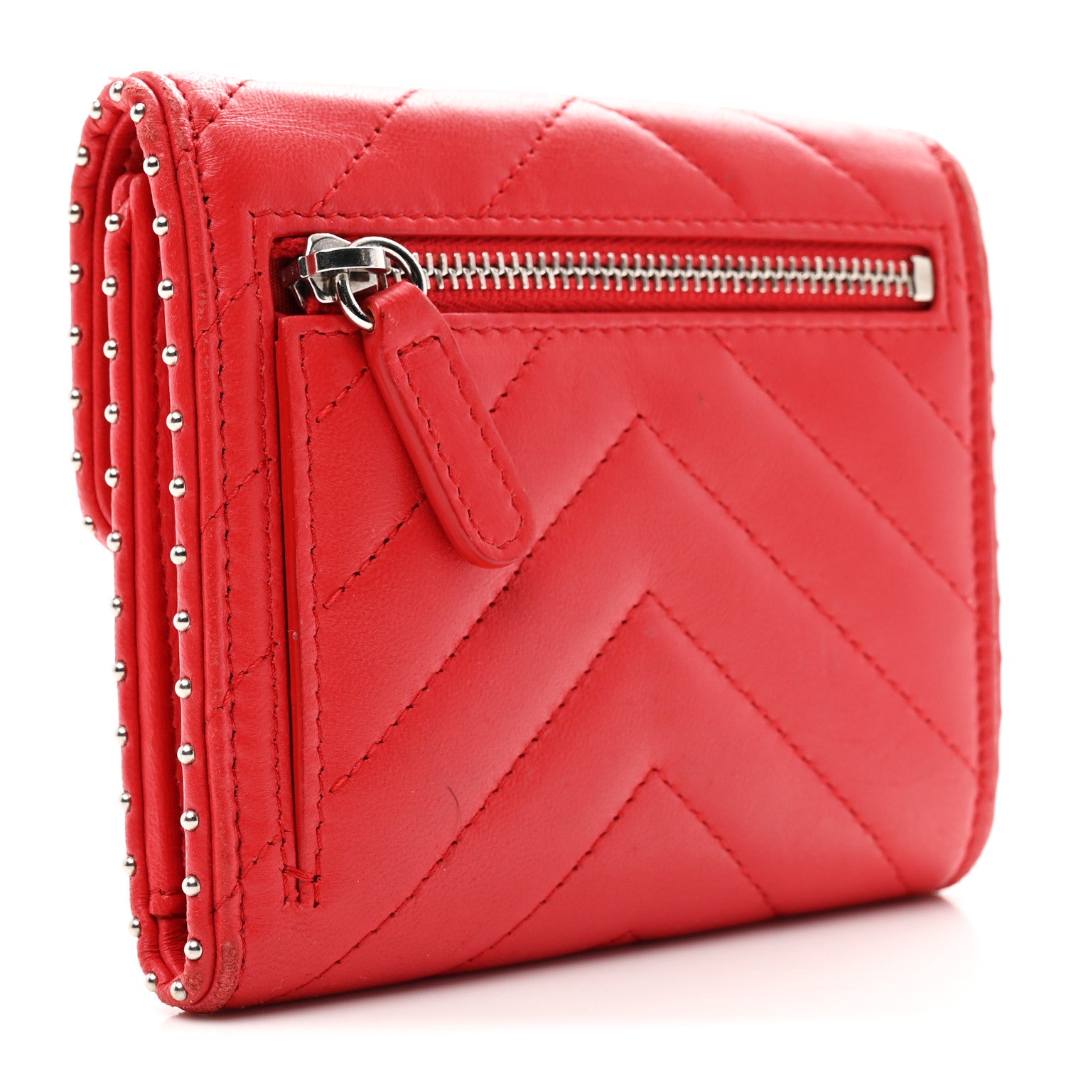 Chanel Lambskin Chevron Quilted Studded Compact Flap Wallet Red 3 of 8