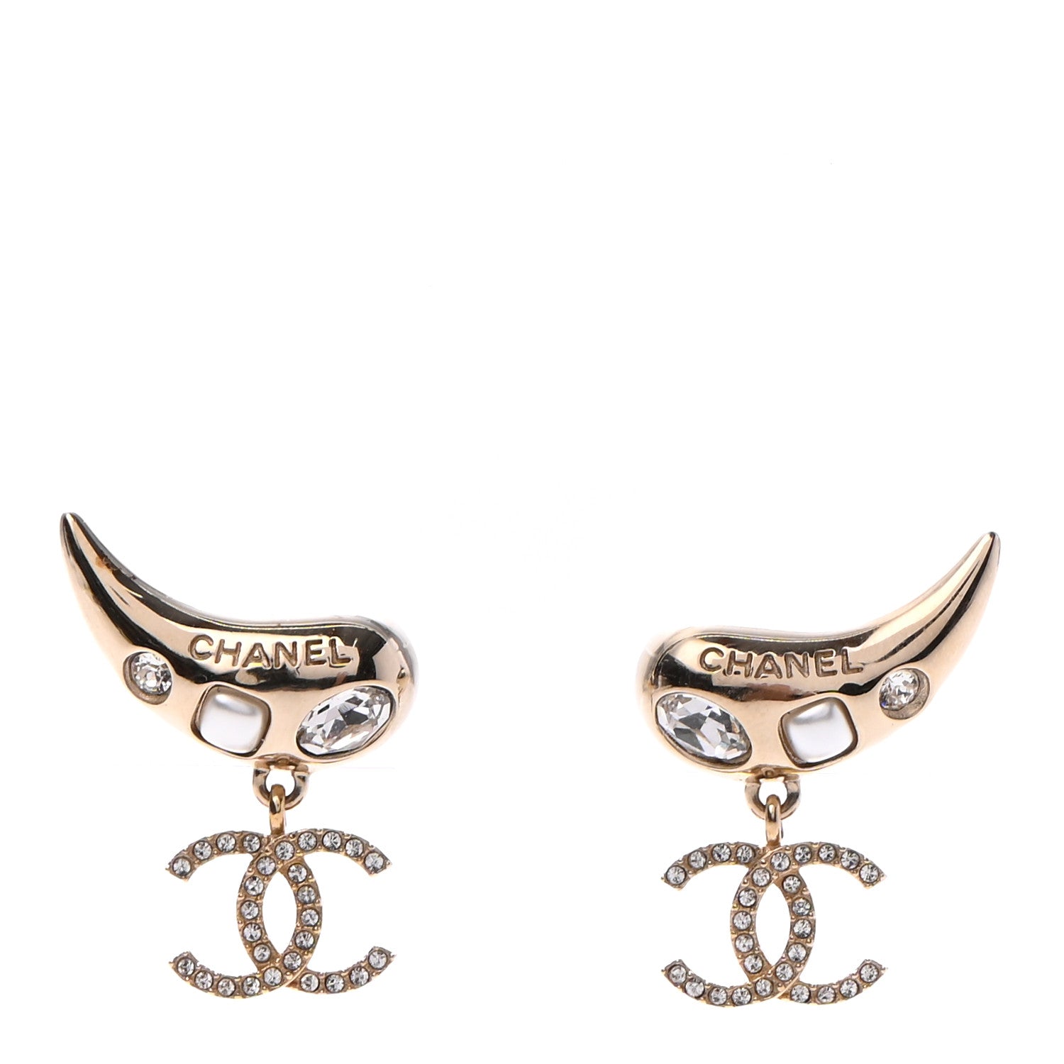 Chanel Crystal Pearl CC Drop Earrings Gold 1 of 5