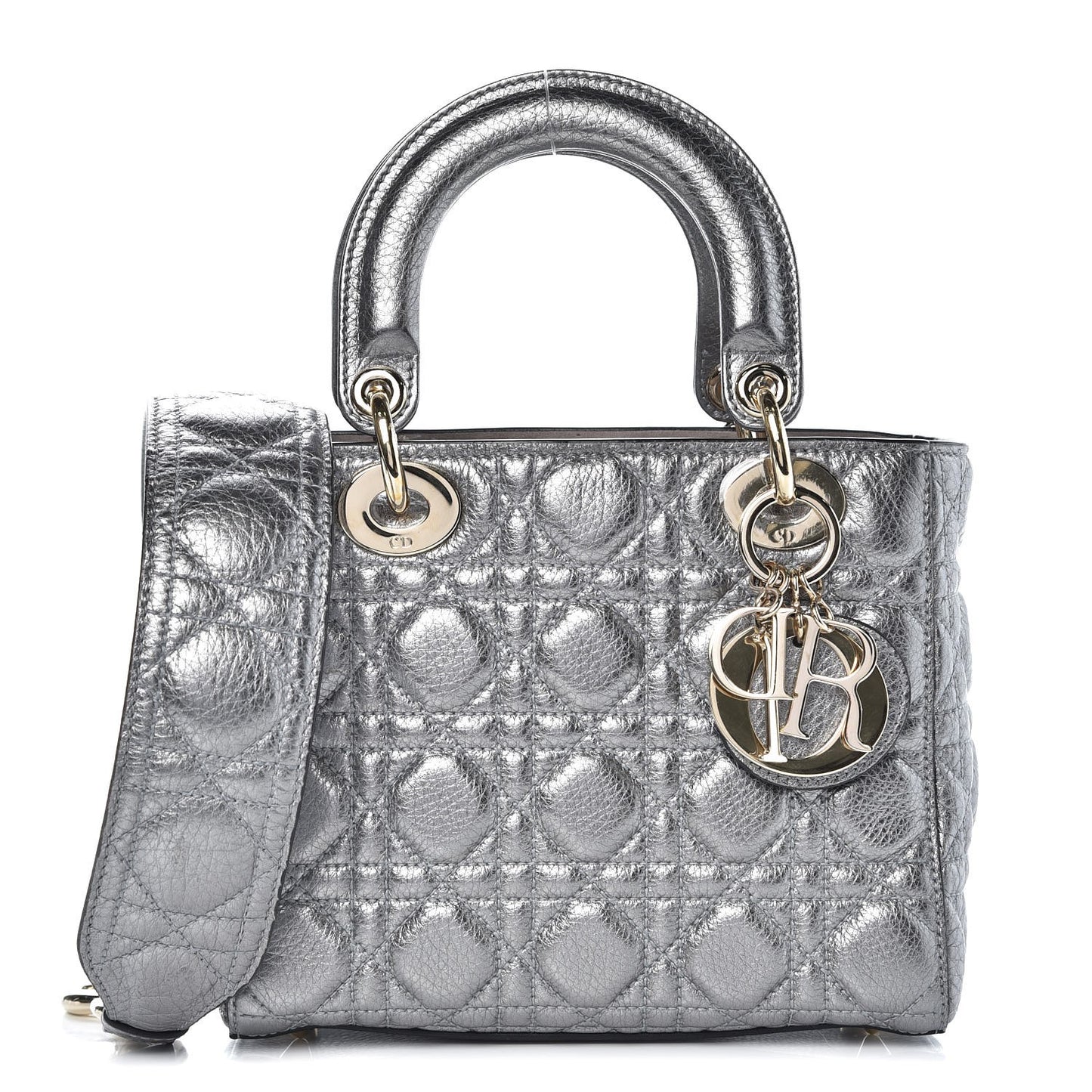 Metallic Grained Calfskin Cannage Small Supple Lady Dior Steel