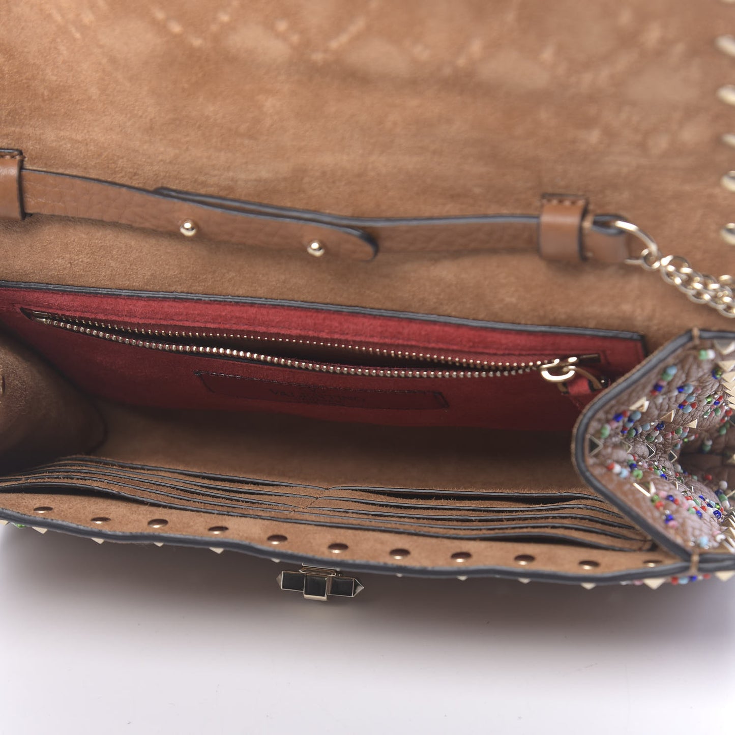 Grained Calfskin Beaded Rockstud Spike Wallet on Chain Light Cuir