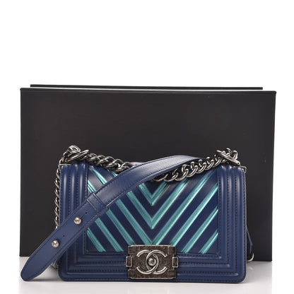 Chanel Calfskin Painted Chevron Embossed Small Boy Flap Dark Blue 8 of 8