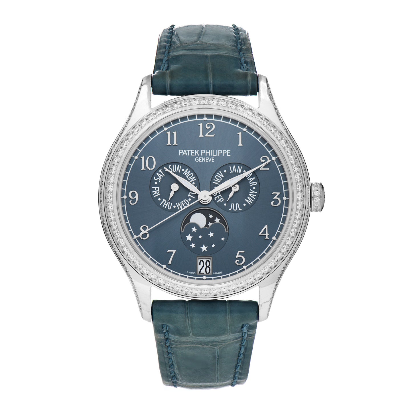 18K White Gold Alligator Diamond Bezel 38mm Annual Calendar Automatic Watch Blue 4947G-001