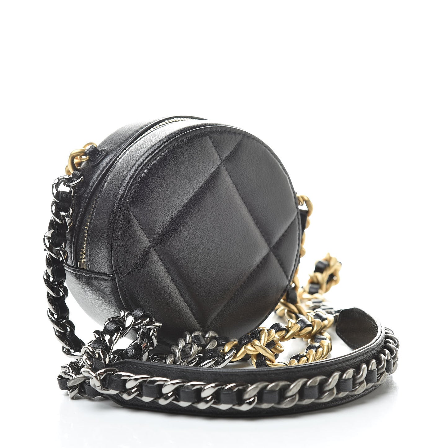 Shiny Goatskin Quilted 19 Round Clutch With Chain Black