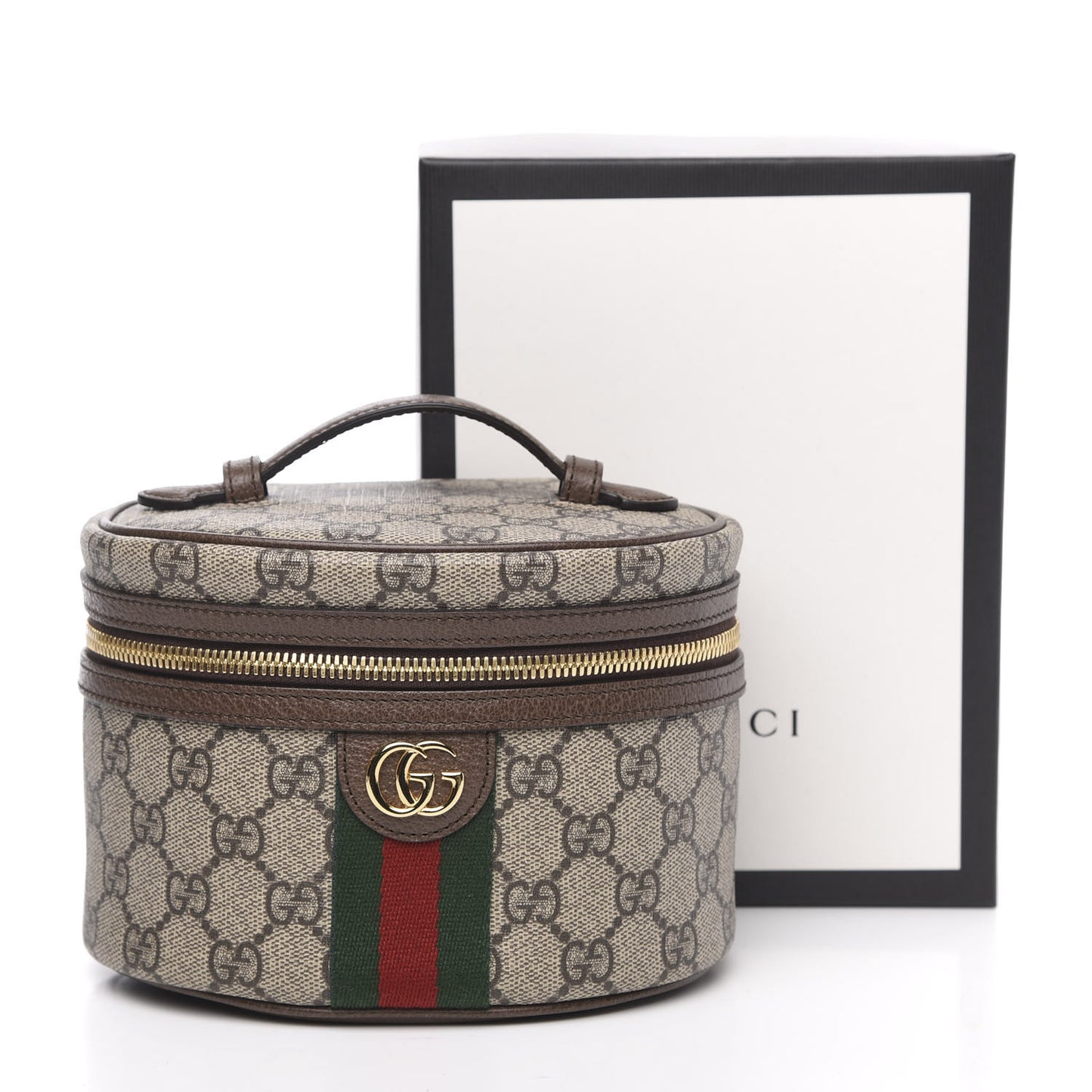 GG Supreme Monogram Textured Calfskin Web Ophidia Vanity Cosmetic Case Beige Ebony New Acero