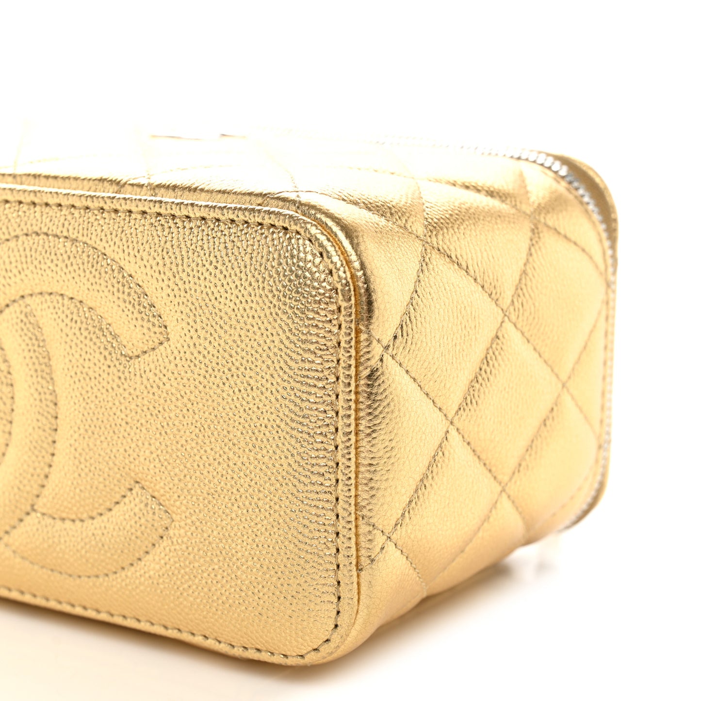 Metallic Caviar Quilted Top Handle Slim Vanity Case With Chain Gold