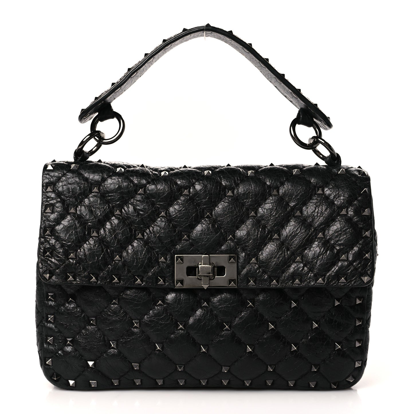 Craquele Nappa Medium Rockstud Spike Shoulder Bag Black