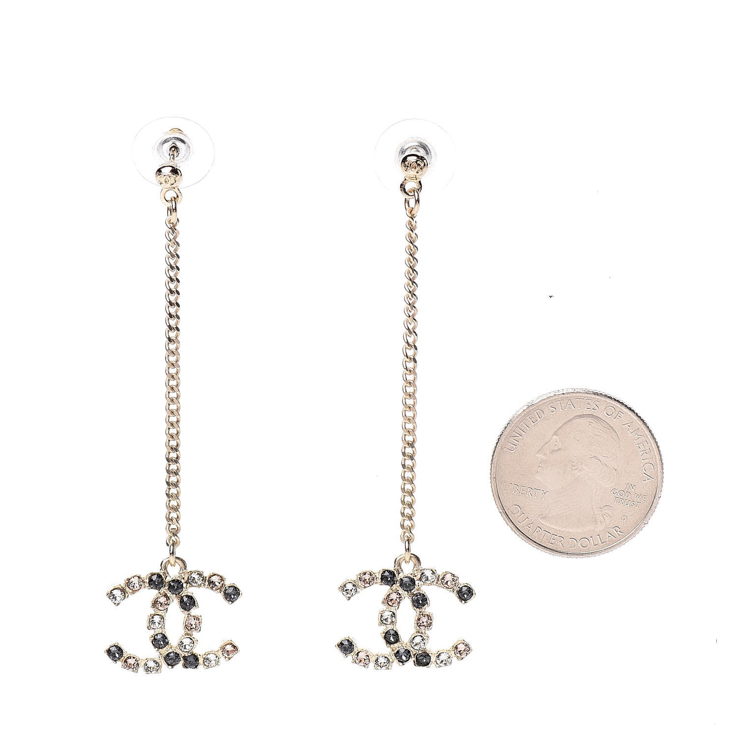 Chanel Crystal CC Drop Earrings Pink Grey Gold 2 of 3