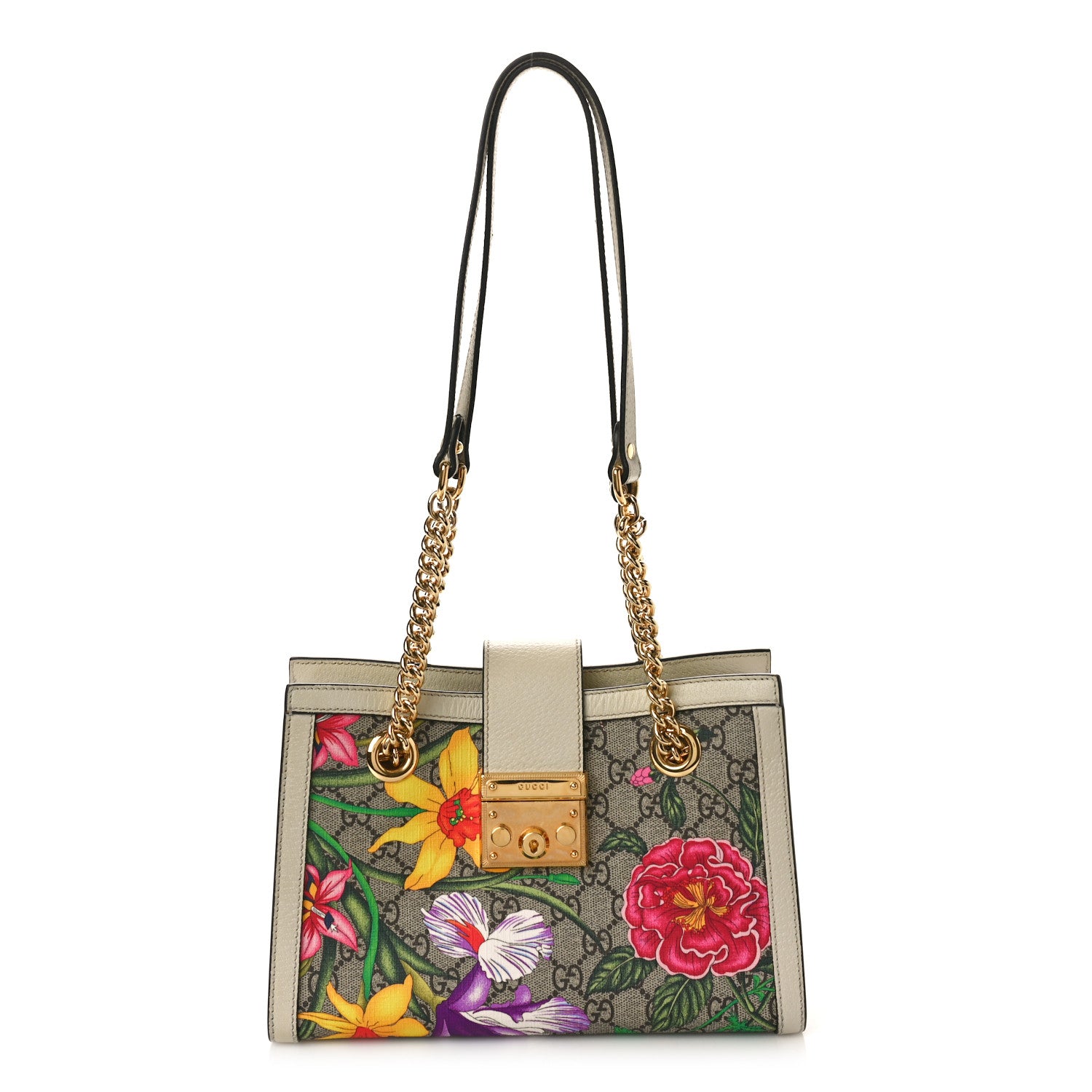 Gucci GG Supreme Monogram Flora Textured Calfskin Small Padlock Tote Beige Ebony Multicolor Mystic White 1 of 11