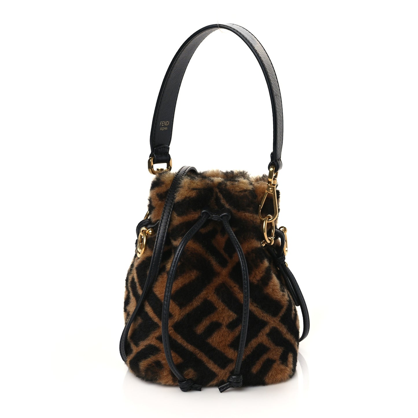 Shearling Vitello Dolce F is Fendi Macro FF 1974 Mini Mon Tresor Bucket Bag Tobacco Black