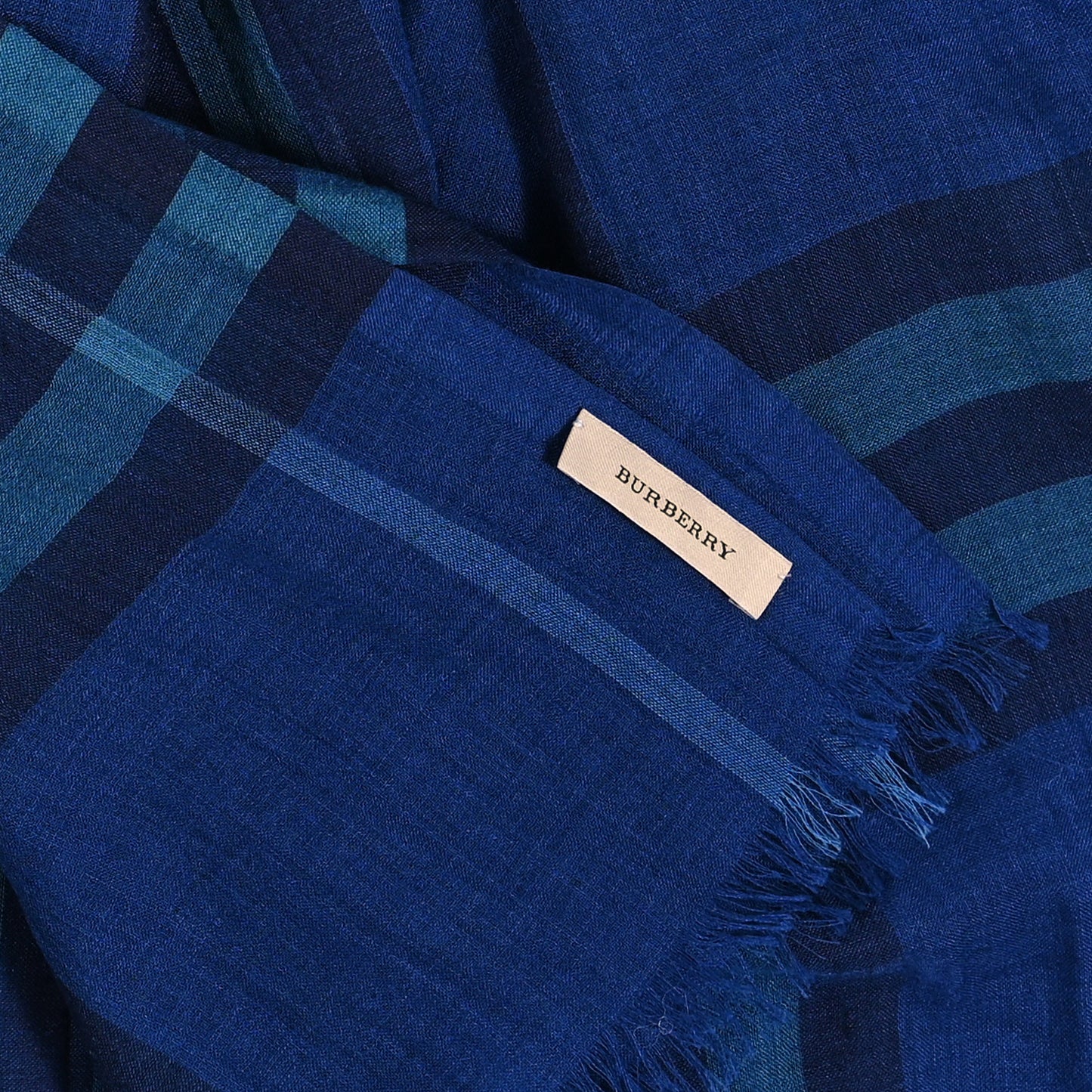 Wool Silk Check Fringe Scarf Blue