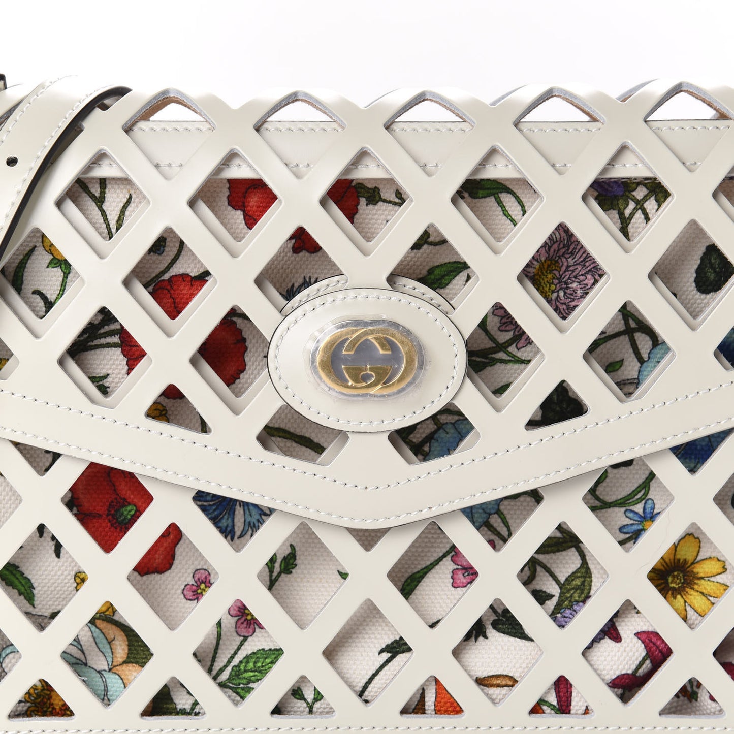 Canvas Flora Floral Calfskin Medium Cutout Shoulder Bag White Multicolor