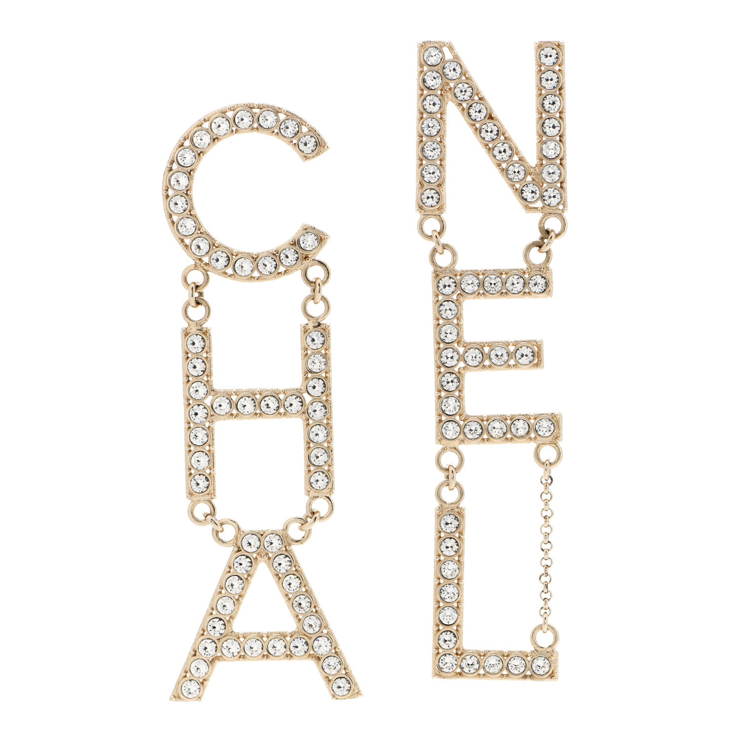 Chanel Crystal Cha-Nel Logo Drop Earrings Gold 1 of 4
