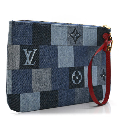 Louis Vuitton Denim Damier Monogram Patchwork Neverfull MM Pochette  Blue Rouge 3 of 10