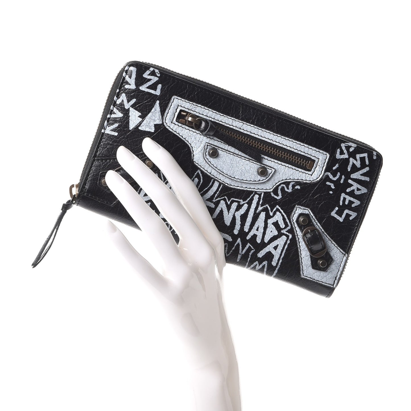 Agneau Arena Graffiti All Over Classic Hardware Continental Zip Around Wallet Black White