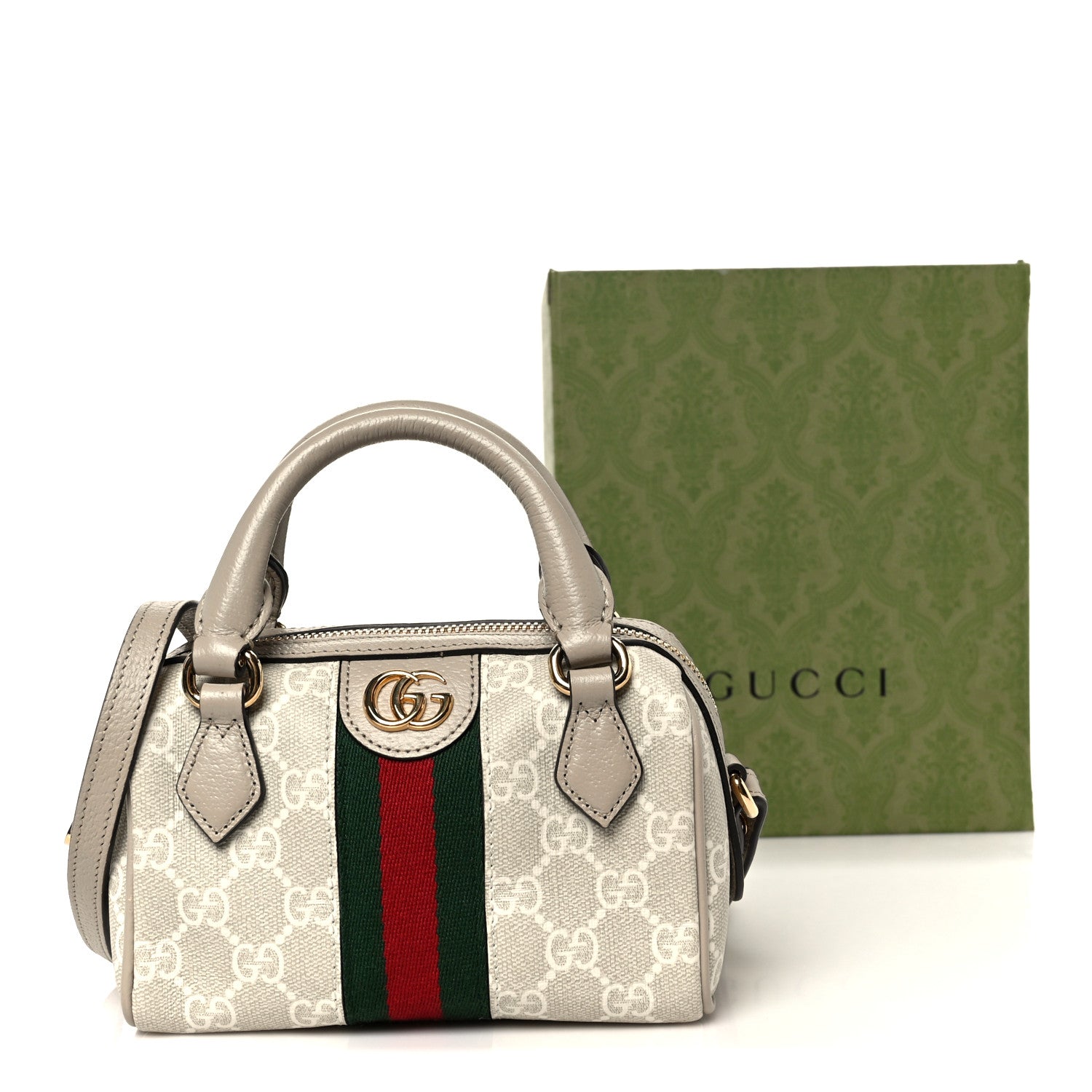 Gucci GG Supreme Monogram Textured Dollar Calfskin Web Super Mini Ophidia Top Handle Bowler Bag Beige Mystic White Oatmeal 11 of 11