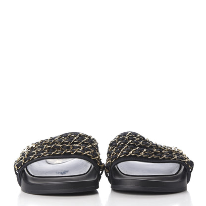 Chanel Satin Canvas Chain Slides Sandals Flats 40 Marine 3 of 11