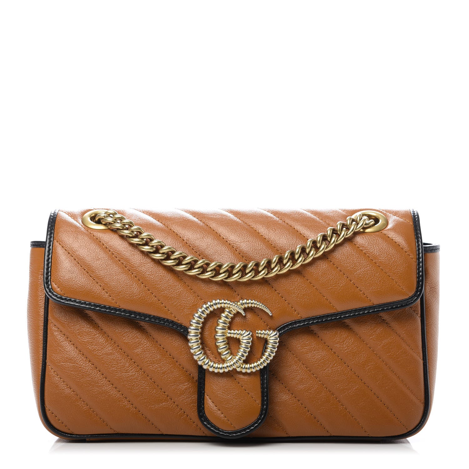 Gucci Vintage Effect Calfskin Matelasse Diagonal Small Torchon GG Marmont Shoulder Bag Cognac Black 1 of 9