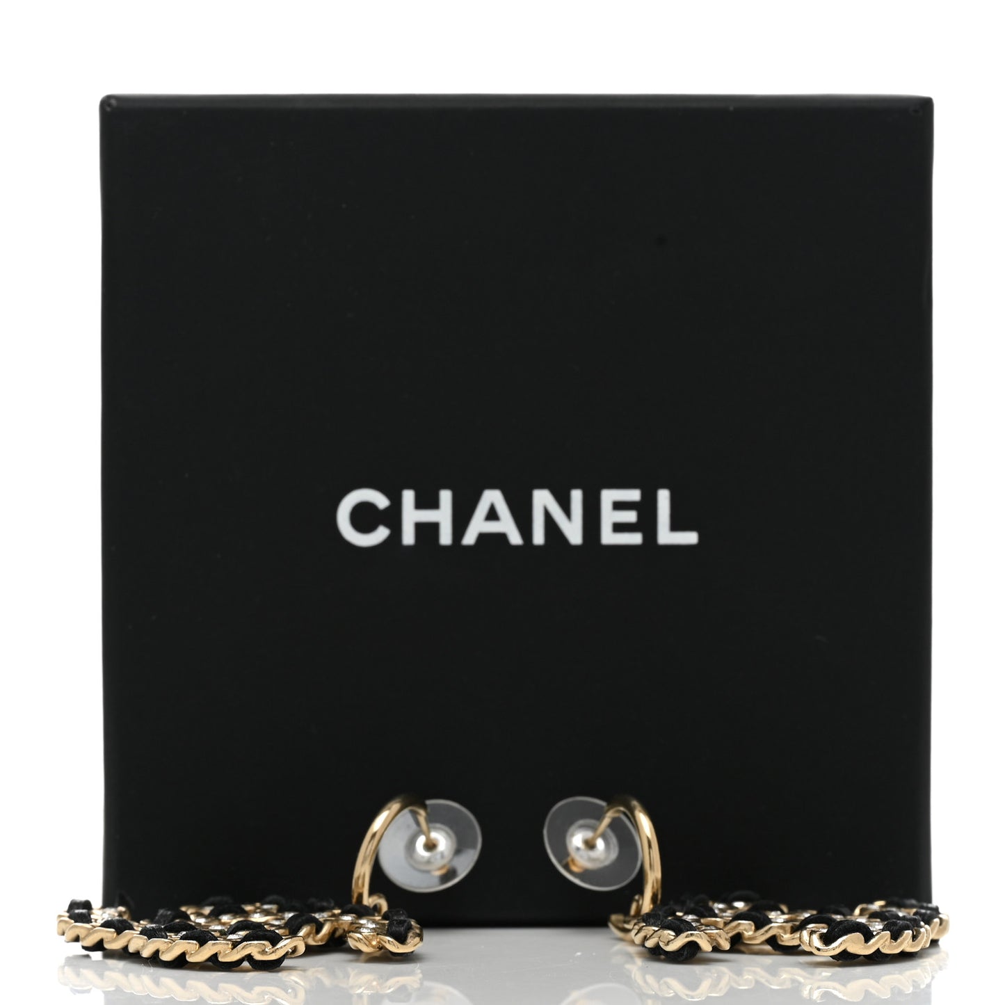 Crystal Lambskin Chain CC Vintage Allure Stud Earrings Black Gold