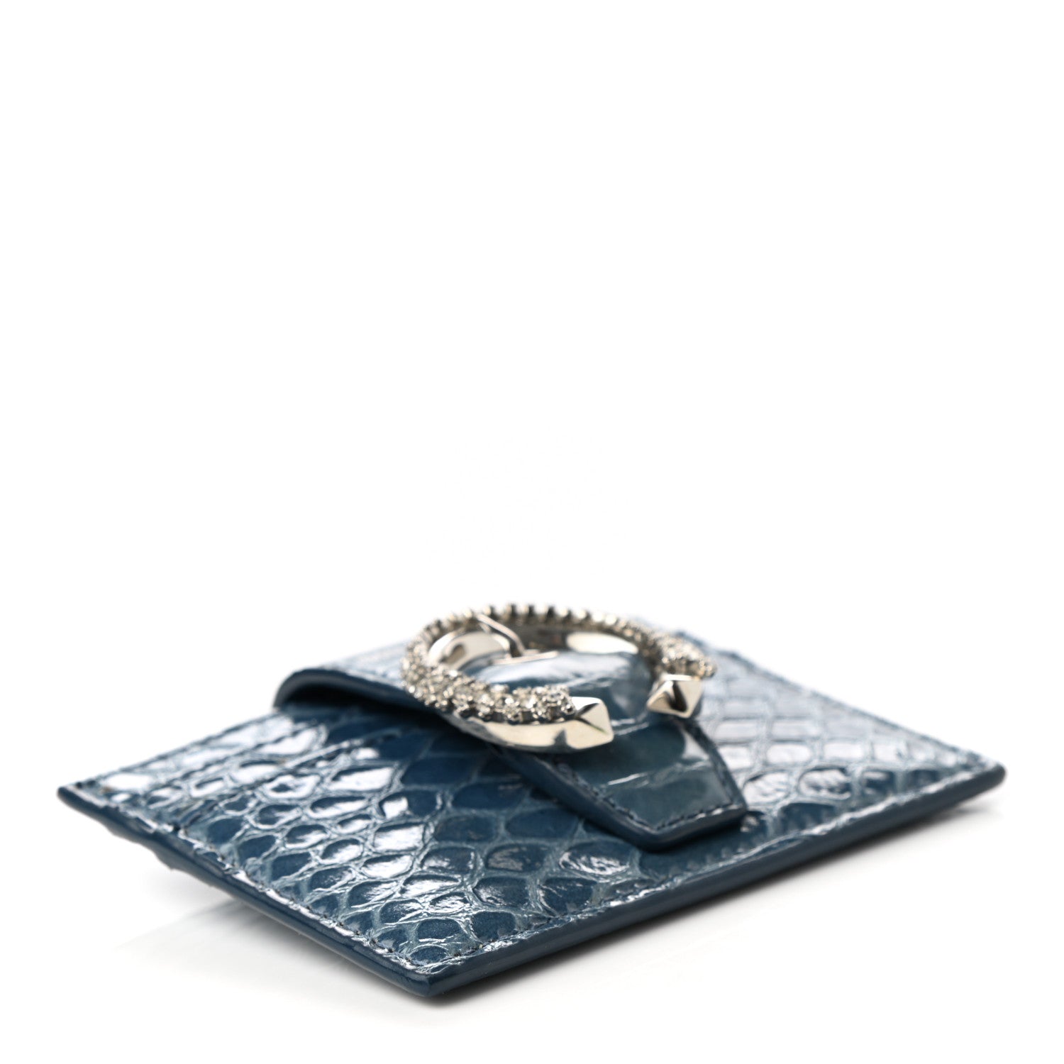 Jimmy Choo Calfskin Snakeskin Embossed Crystal Umika Cardholder Wallet Blue 3 of 5