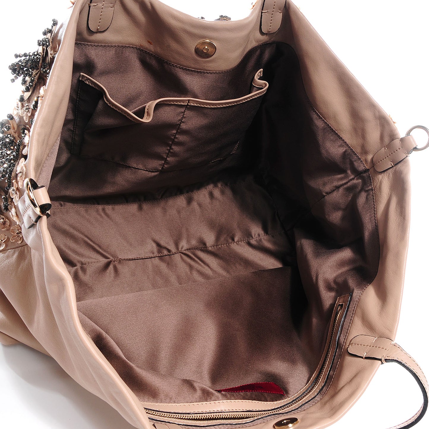 Leather Sequin Beaded Floral Applique Tote Camel