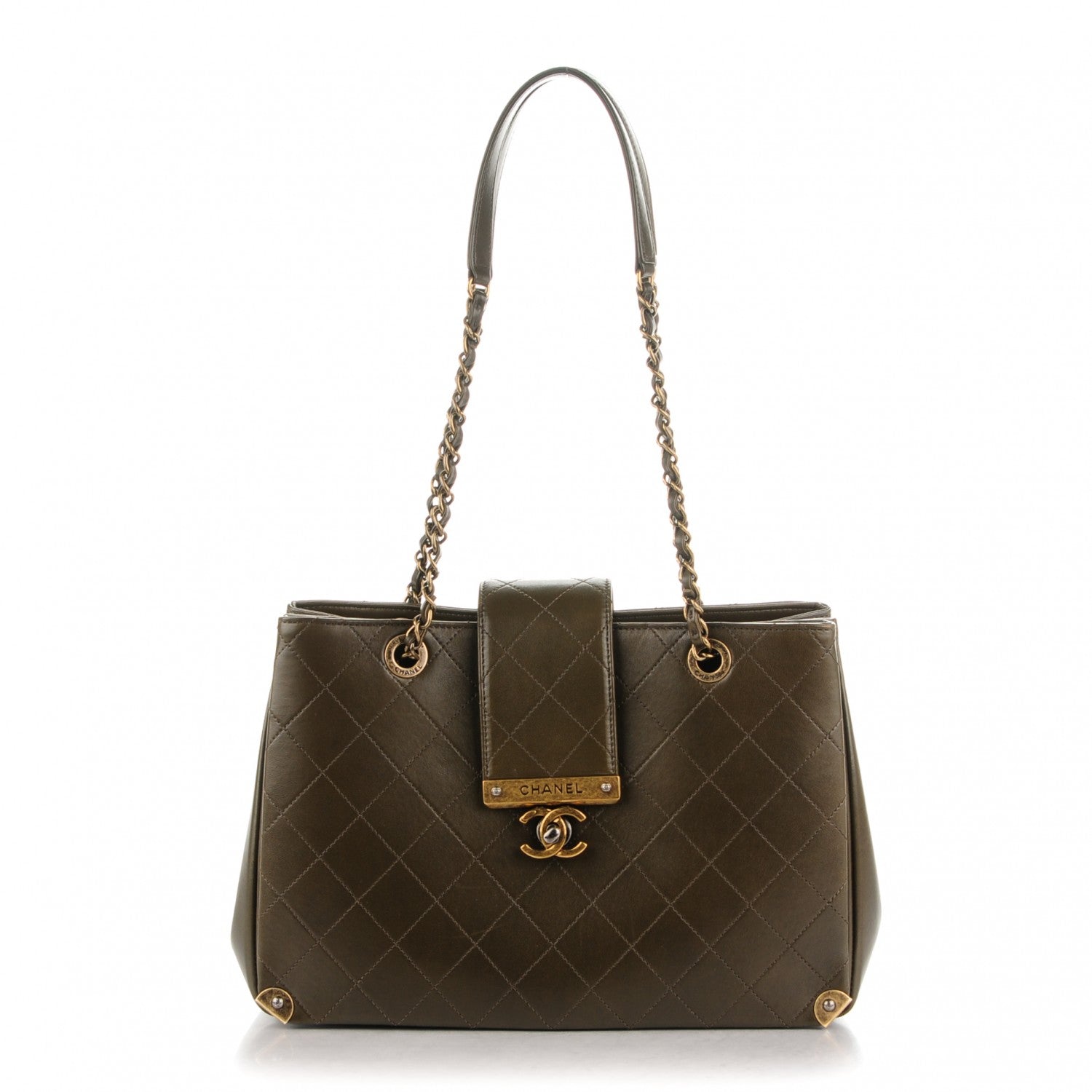 Chanel Lambskin Around The Corner Medium Shopping Tote Khaki 1 of 7