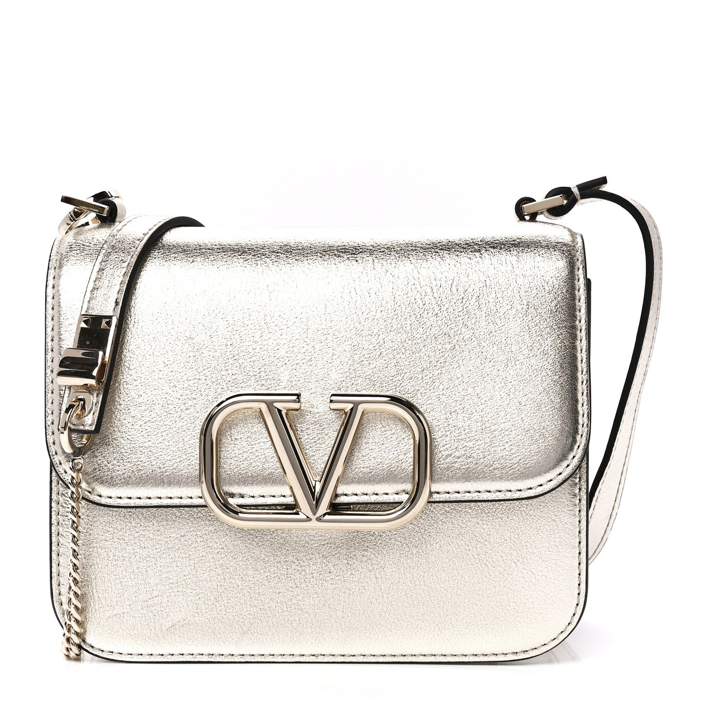 Metallic Calfskin Small VSling Shoulder Bag Silver