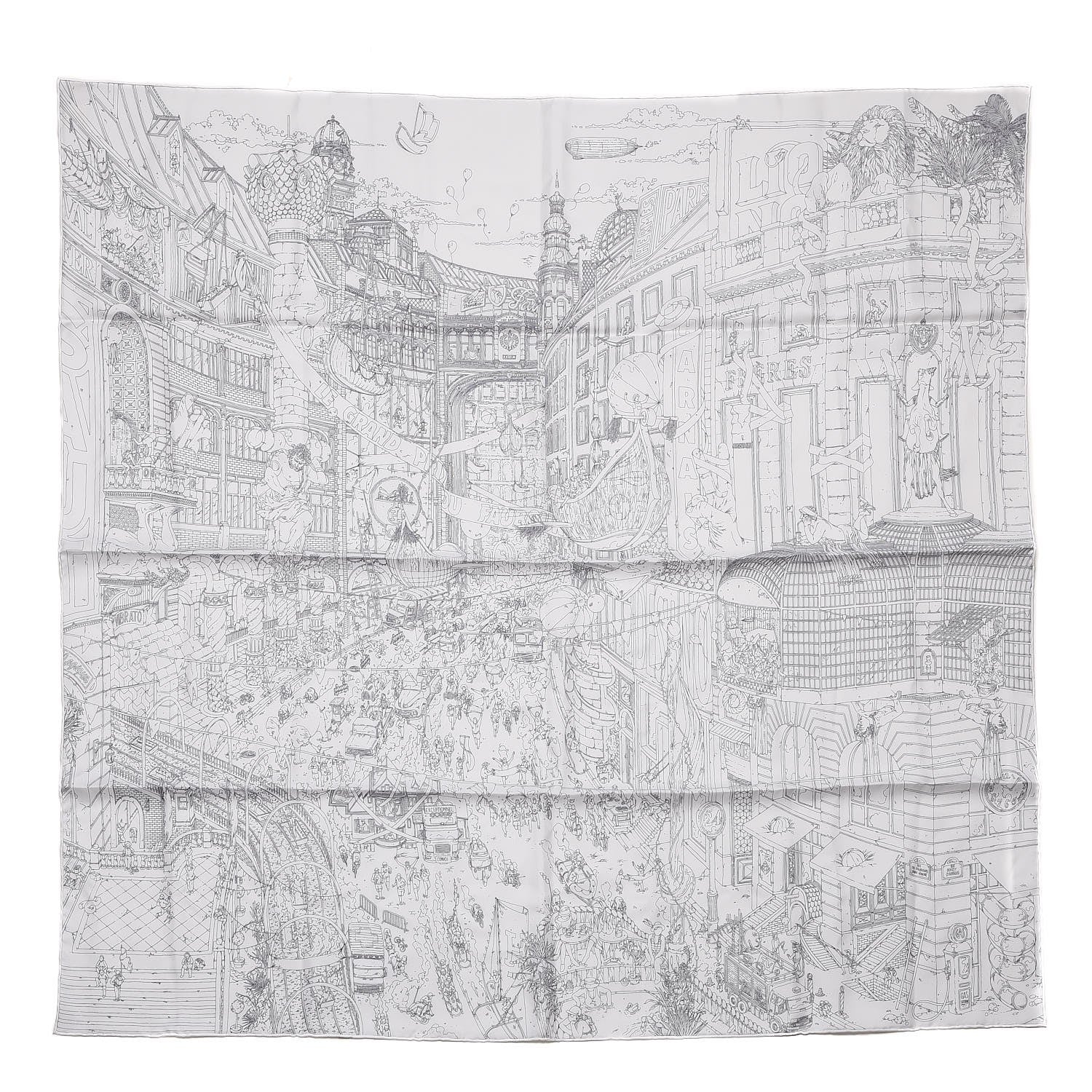 Hermes Silk Le Grand Prix Au Faubourg Scarf 90 Blanc Noir Gris 1 of 6
