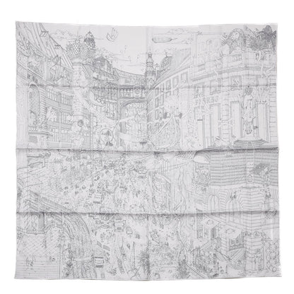 Hermes Silk Le Grand Prix Au Faubourg Scarf 90 Blanc Noir Gris 1 of 6