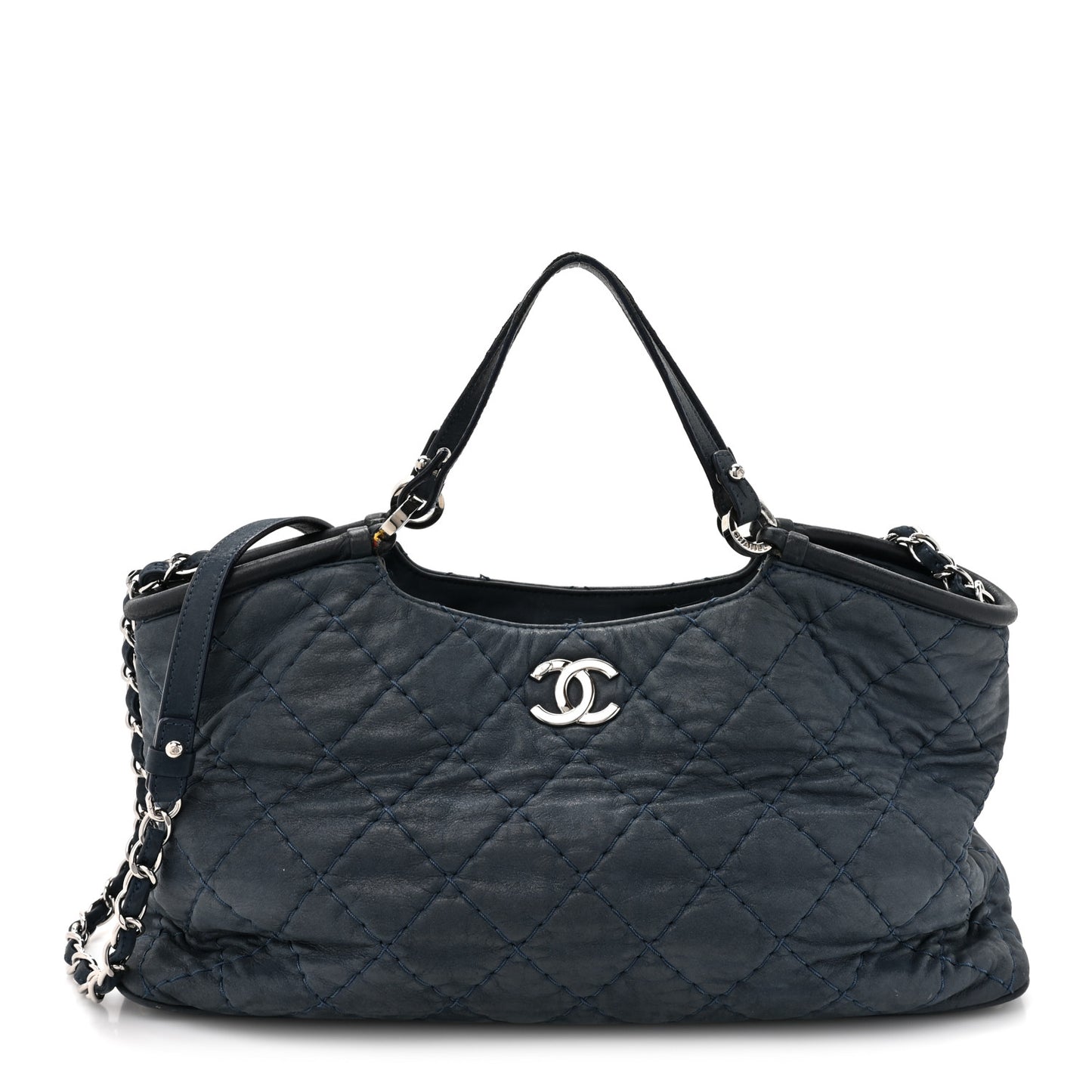 Iridescent Calfskin Quilted Small Sea Hit Tote Navy