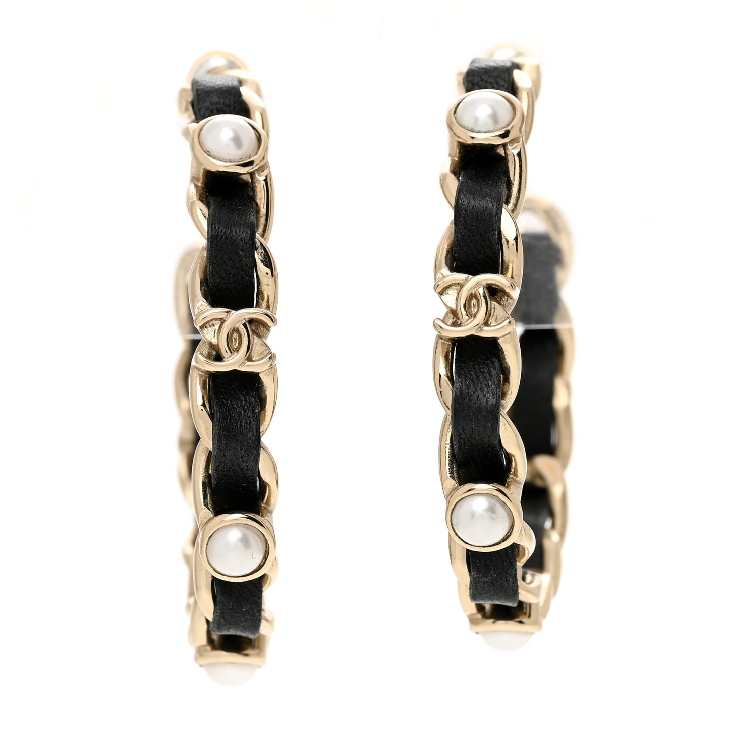 Lambskin Pearl More Is More CC Chain Hoop Earrings Gold Black
